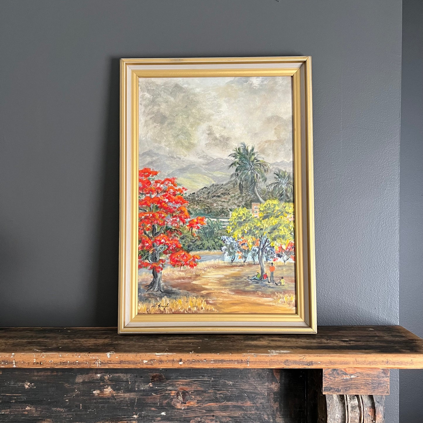 ON SALE was $95 Vintage Painting Tropical Landscape Mid Century Village and Trees