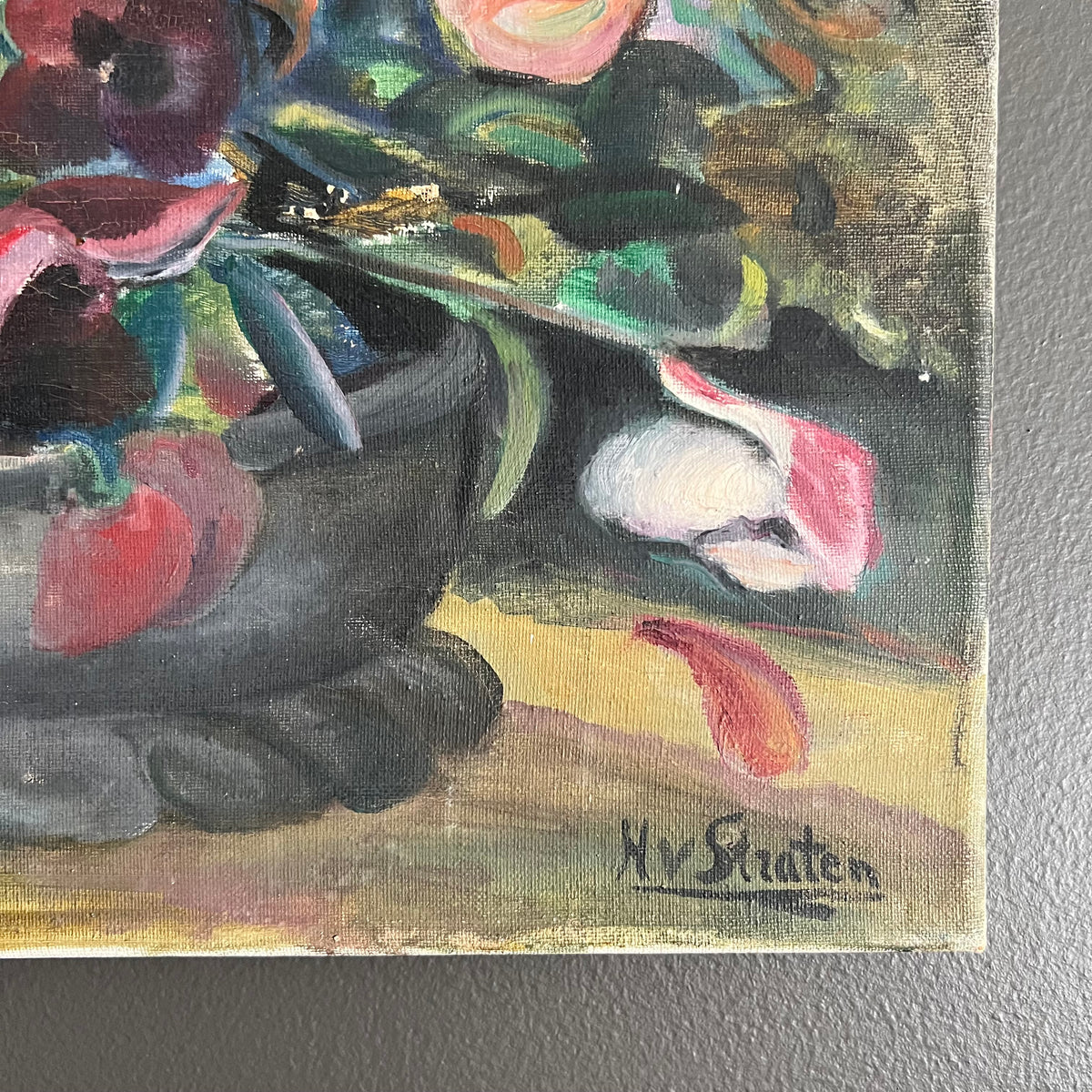 Original Vintage Painting Still Life Floral Pansy Flowers in Bowl