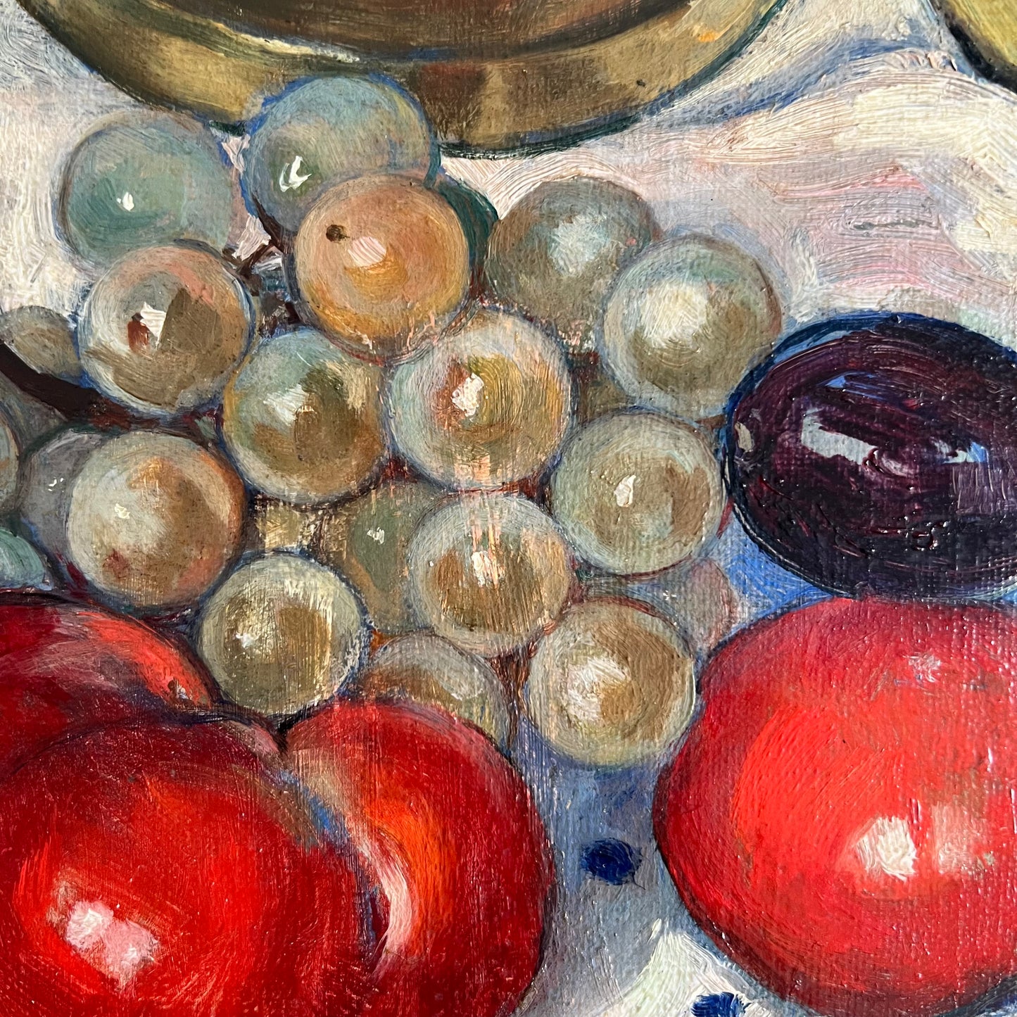 Vintage Painting Still Life Candlestick, Glass and Tomato