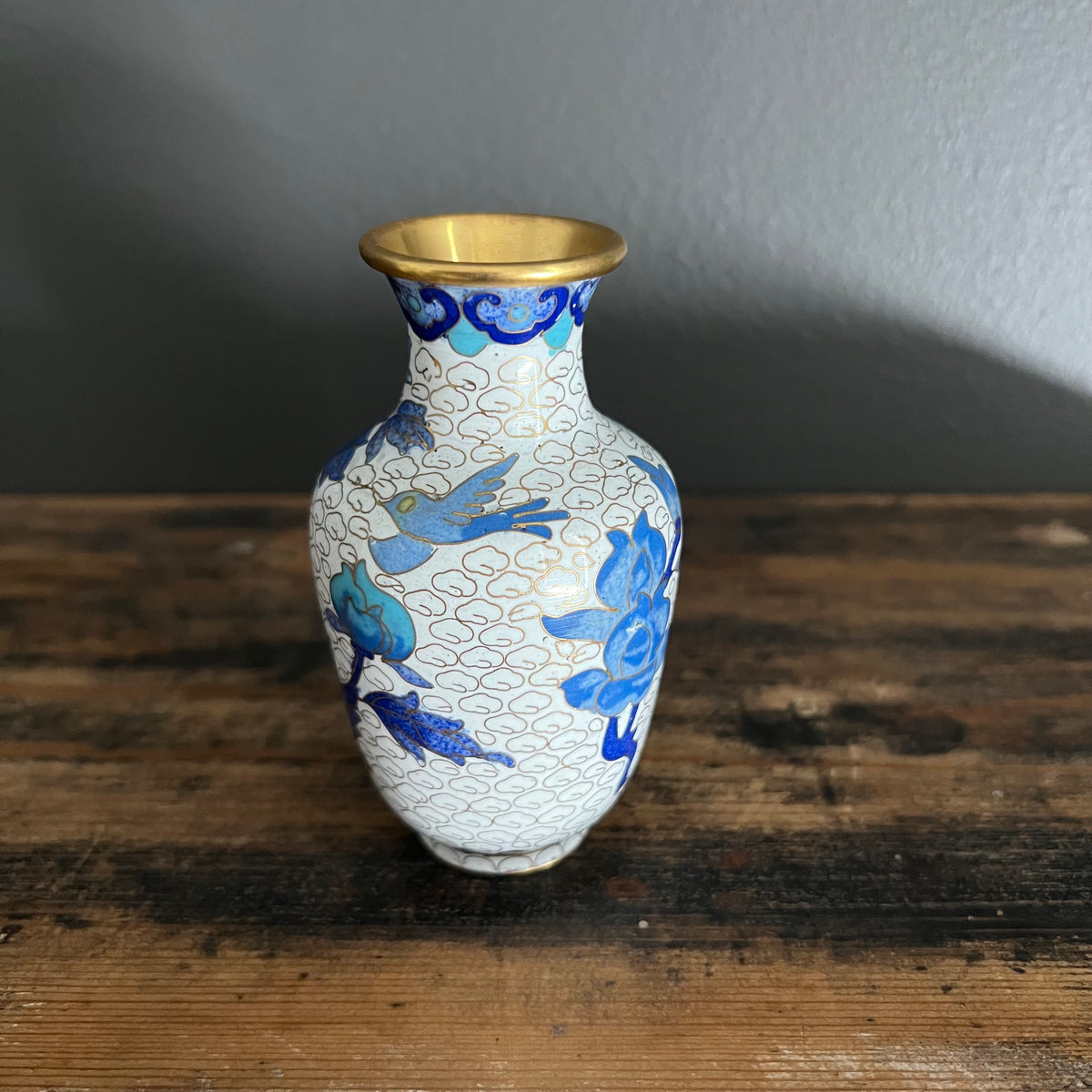 Vintage Cloisonné Vase Blue and White Florals and Bird