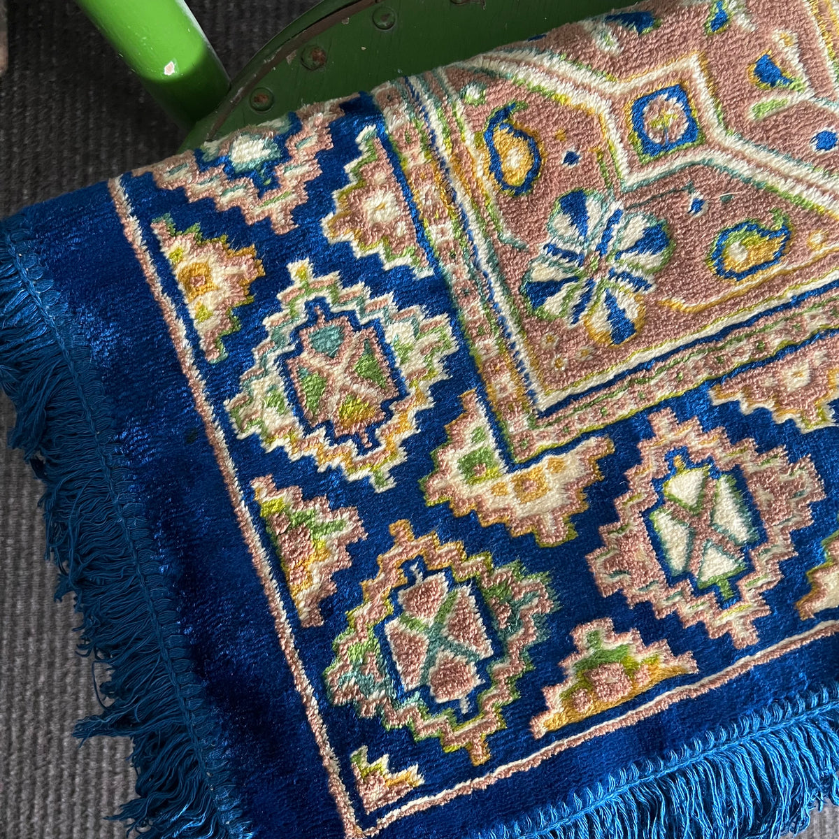 Vintage Velveteen Pattern Throw with Fringe Blue