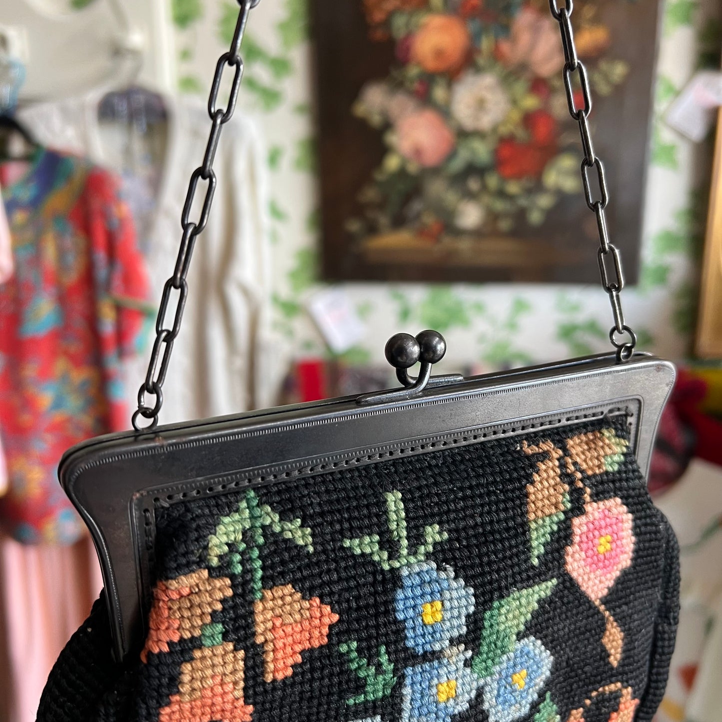 Vintage Floral Needlepoint Tapestry Small Handbag