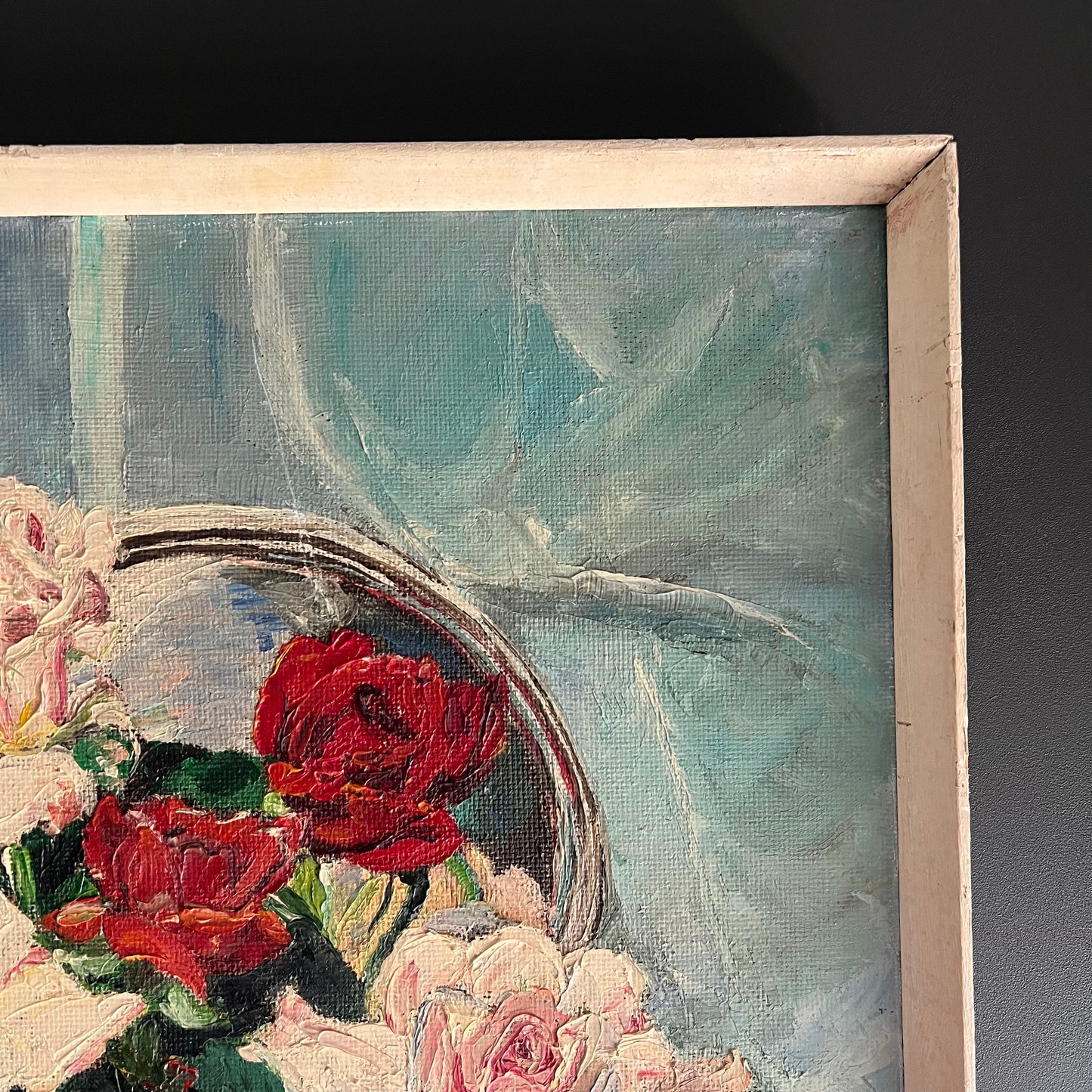 ON SALE was $299 Vintage Oil Painting Still Life Mid Century Roses in Vase