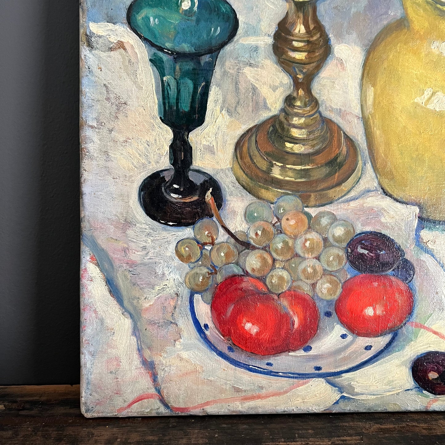 Vintage Painting Still Life Candlestick, Glass and Tomato