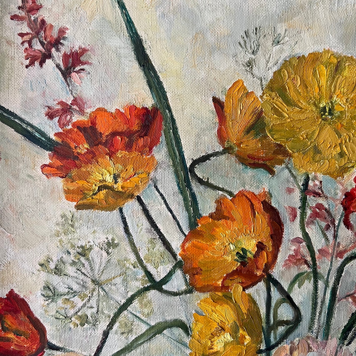 Vintage Oil Painting Still Life Pretty Poppies in Jug