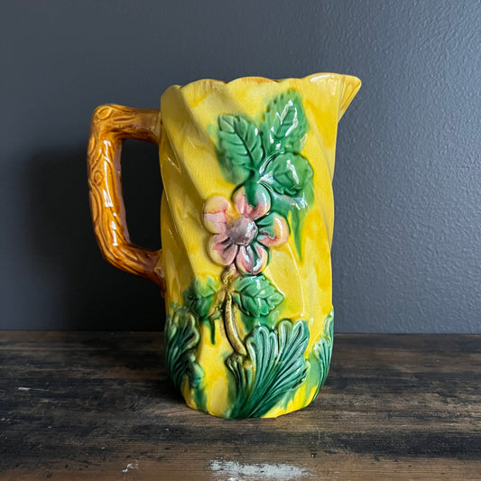 Vintage Majolica Style Pottery Jug Flowers & Leaves