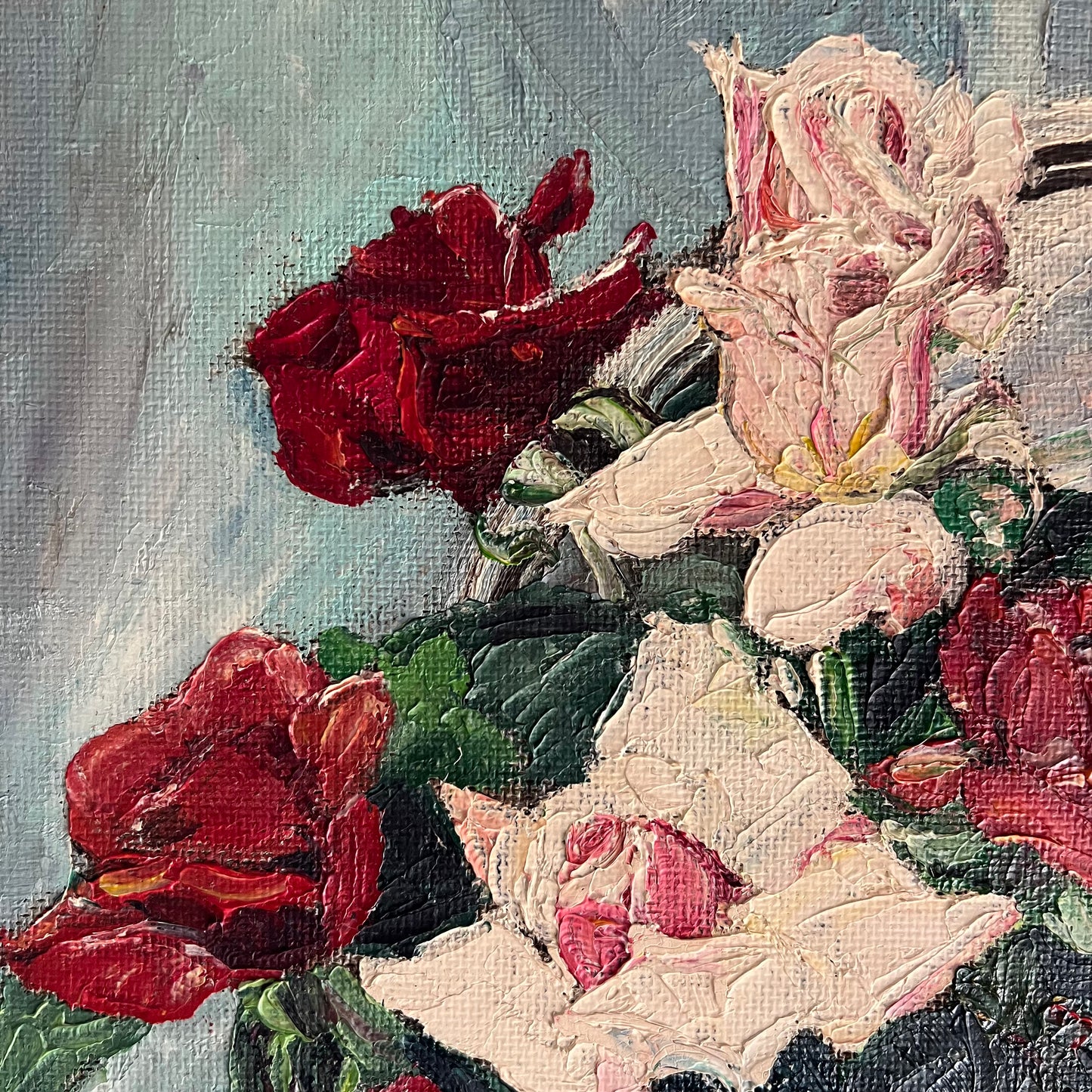 ON SALE was $299 Vintage Oil Painting Still Life Mid Century Roses in Vase