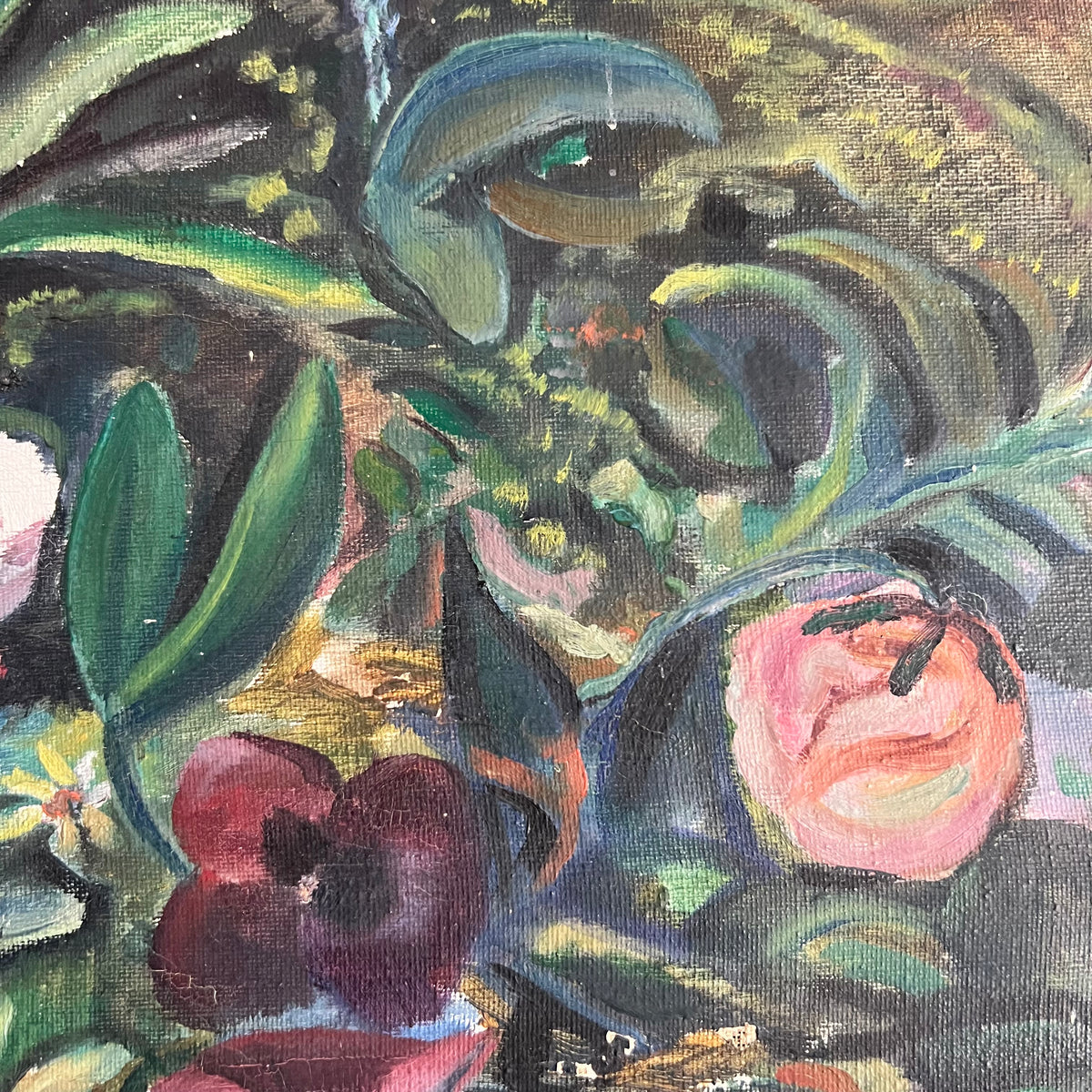 Original Vintage Painting Still Life Floral Pansy Flowers in Bowl