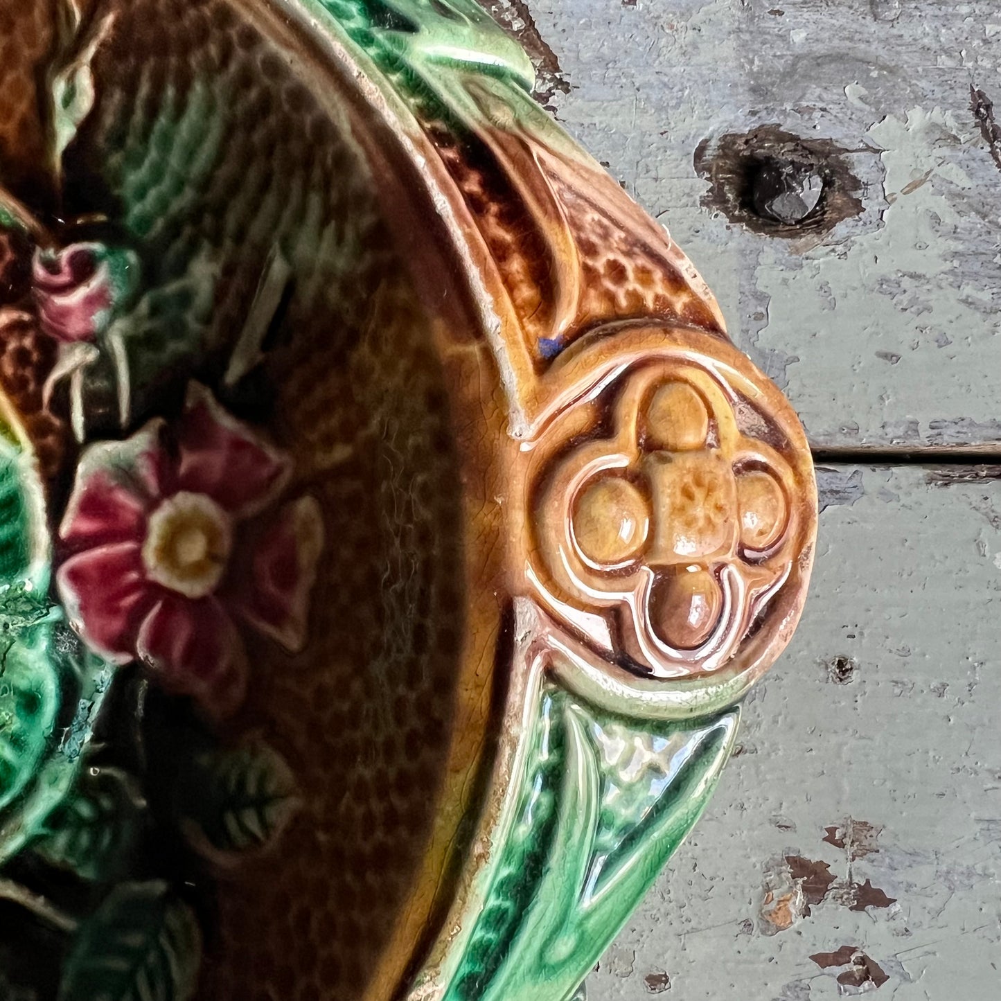 Rare Antique Majolica Bread Plate Dish Waste Not Want Not