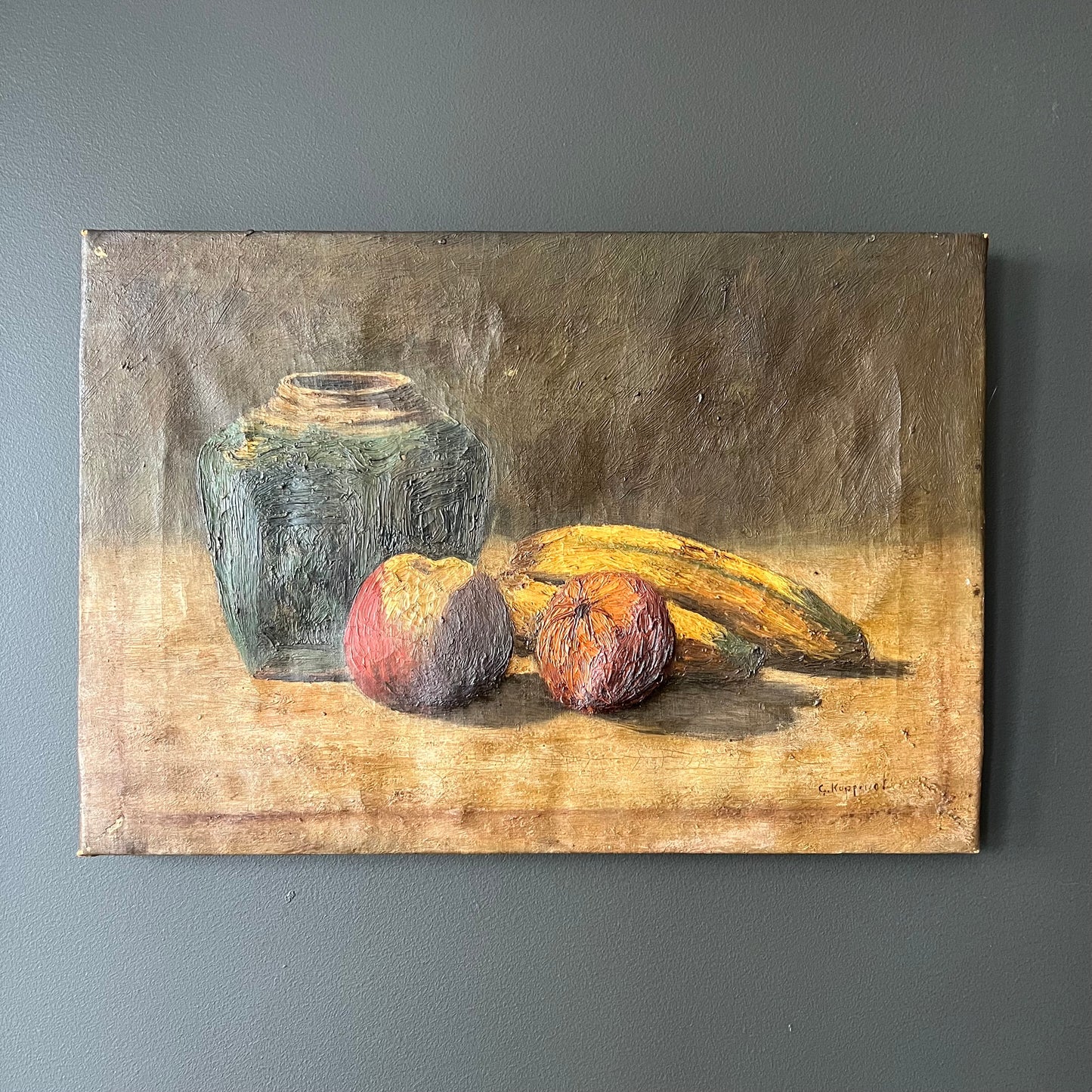 Antique Oil Painting Dutch Still Life Ginger Jar with Fruit