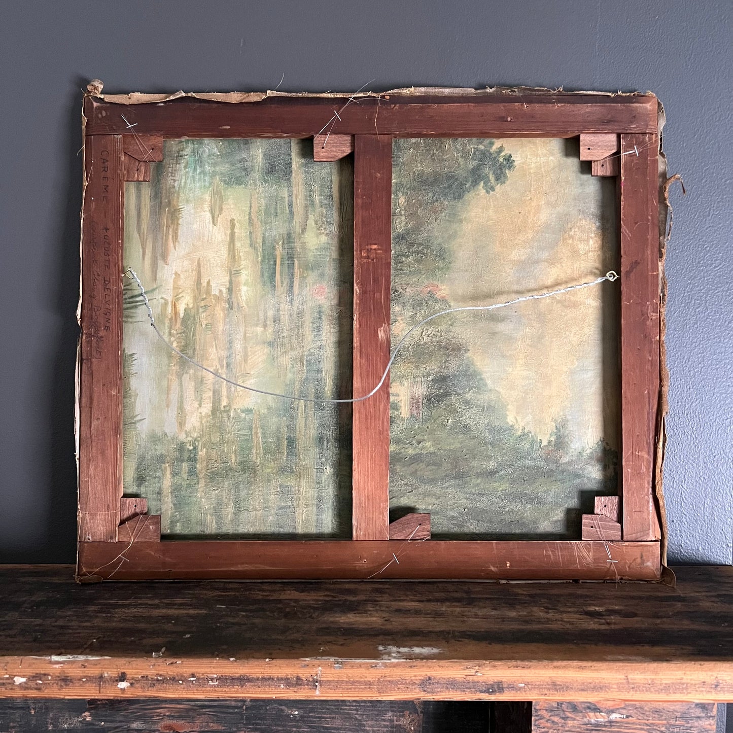 Antique Oil Painting Still Life Tabletop Scene with Fish Dinner France