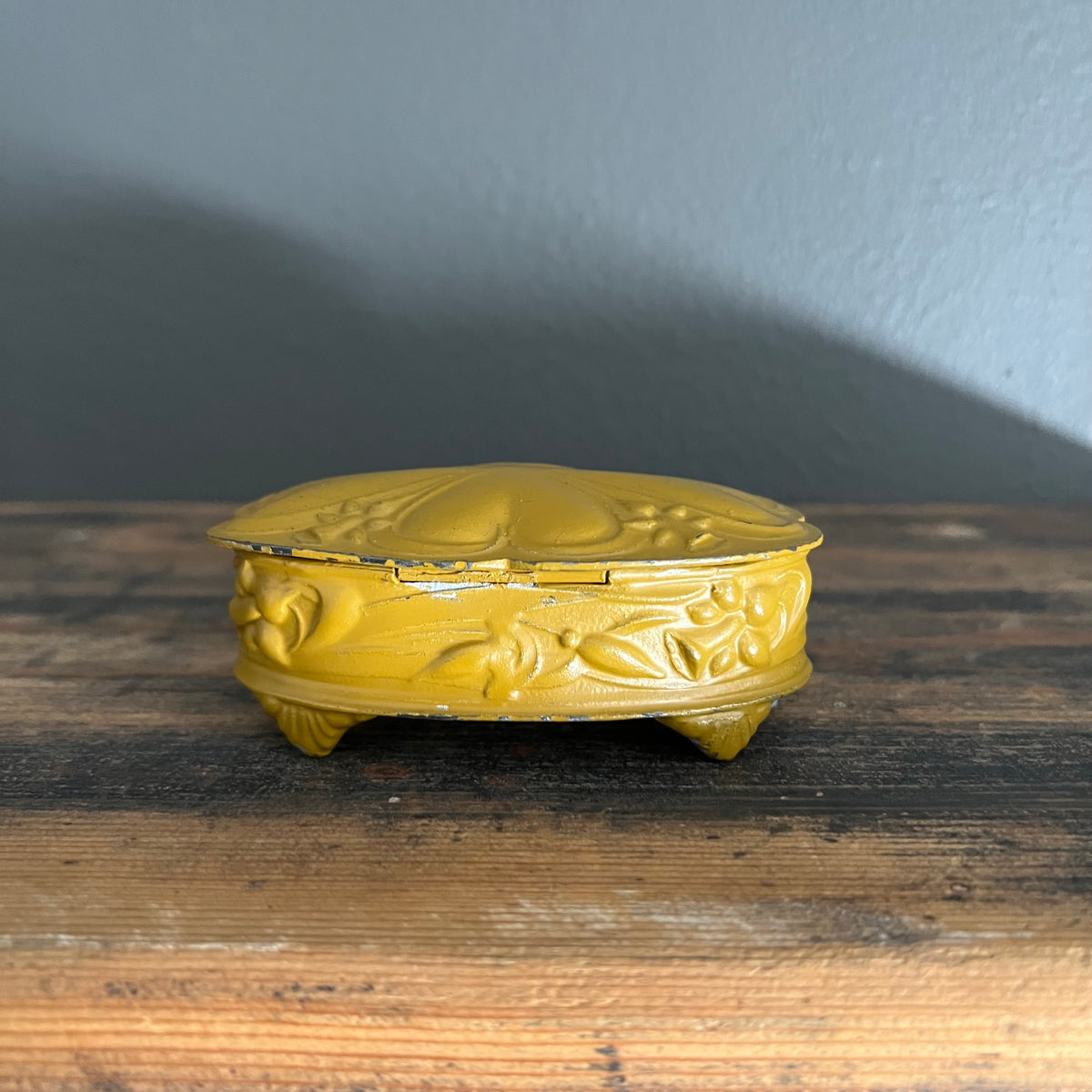 Antique Metal Trinket Jewellery Box Daffodils and Hearts England