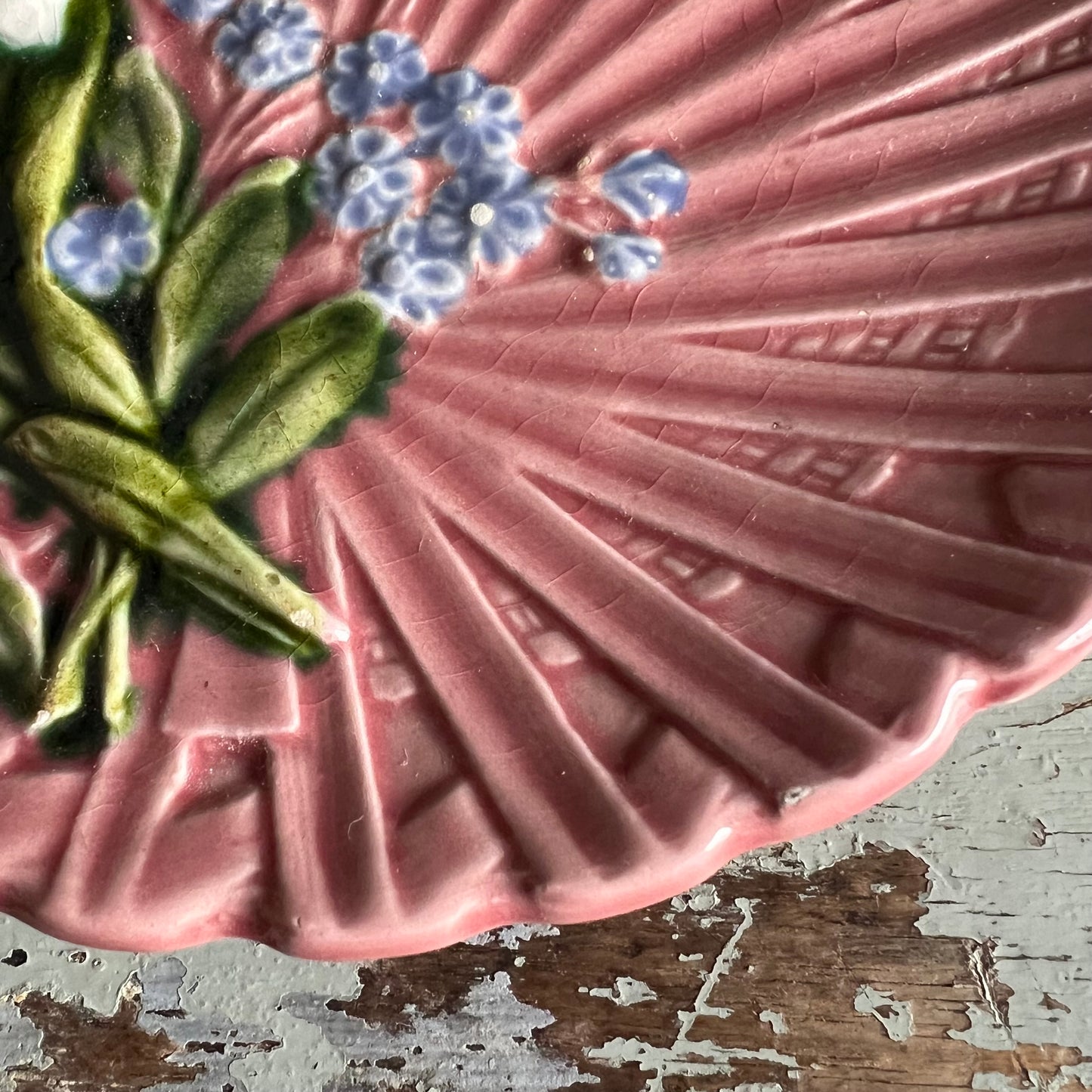 Vintage Majolica Plate Pink with Hand Painted Lily of the Valley by Marie Louise Germany