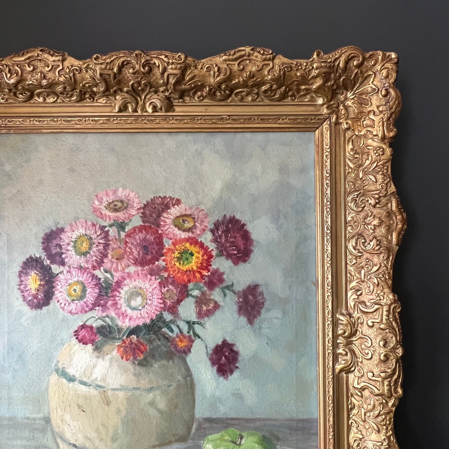 Vintage Oil Painting Dutch Still Life Stunning Strawflowers