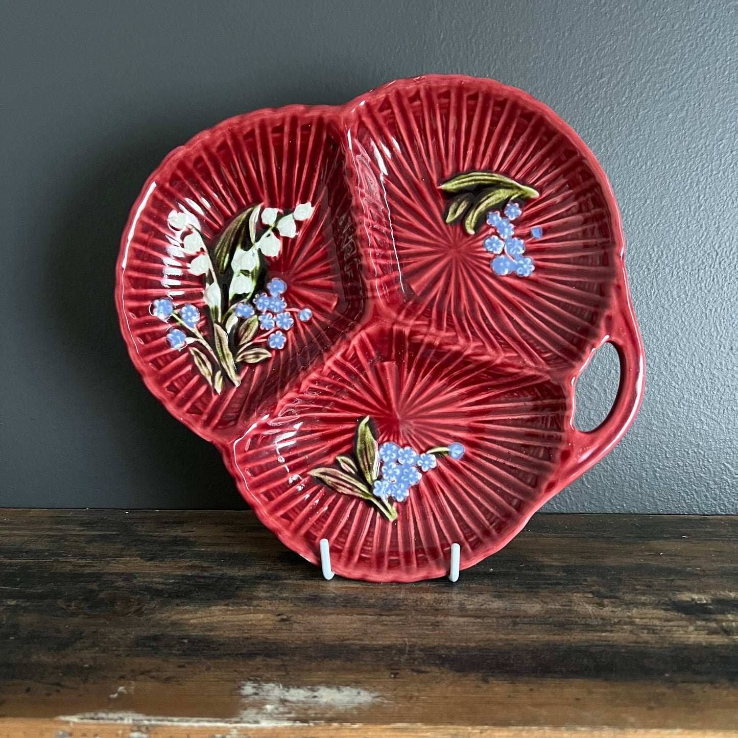 Vintage Burgundy Majolica Dish Hand Painted Lily of the Valley Germany