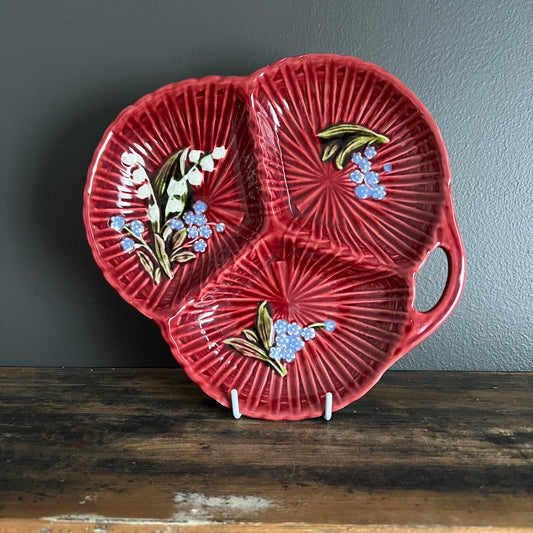 Vintage Burgundy Majolica Dish Hand Painted Lily of the Valley Germany