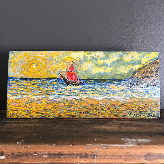 Vintage Painting Impressionist Seascape Sailboat in the Sunshine