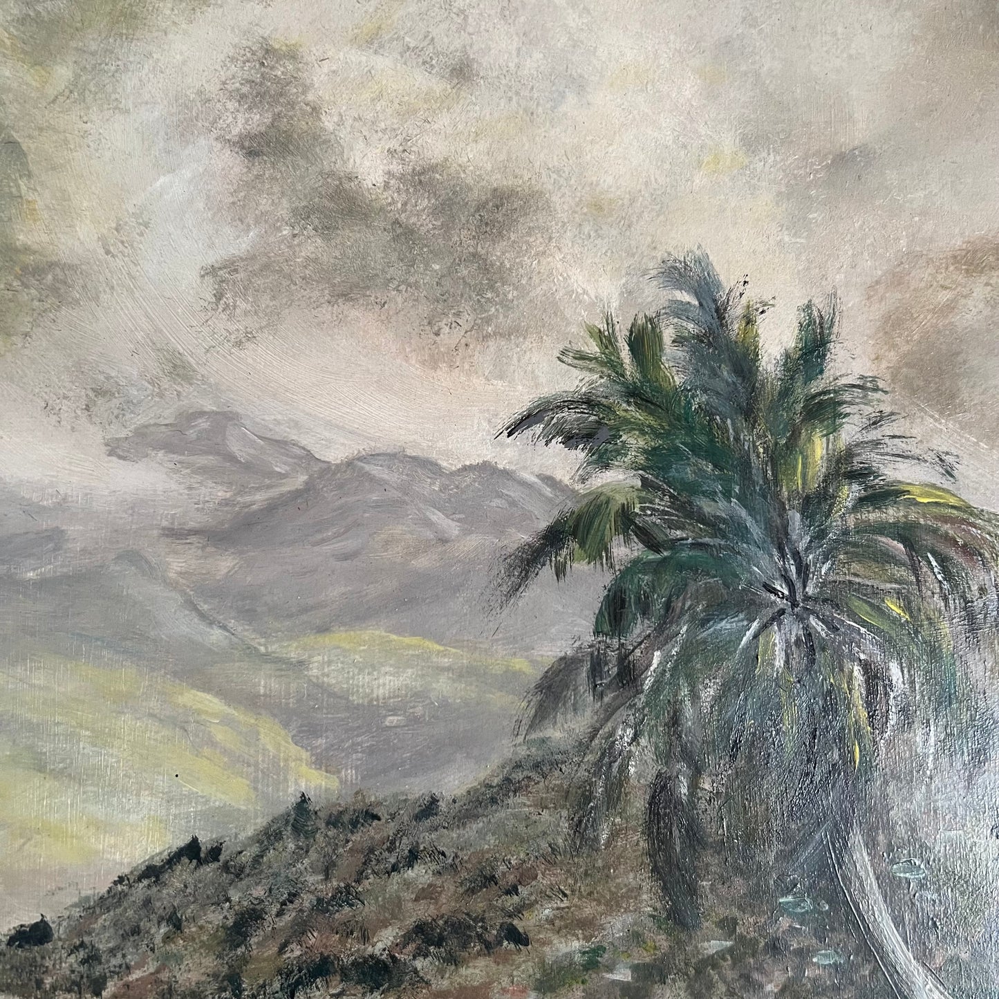 ON SALE was $95 Vintage Painting Tropical Landscape Mid Century Village and Trees