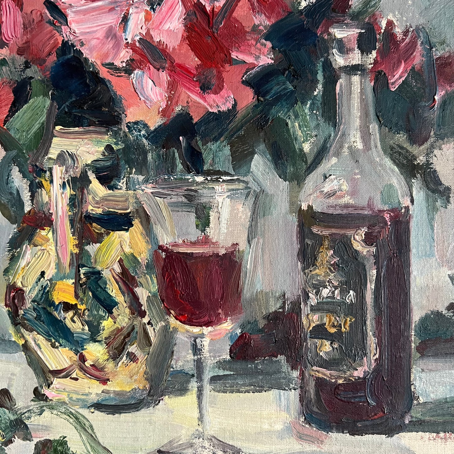 Vintage Painting Still Life Dahlia Flowers and Wine Bottle with Glass