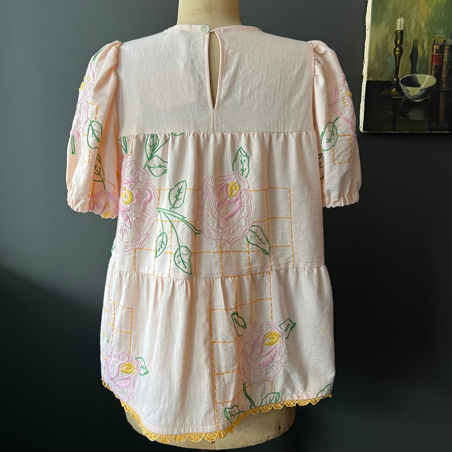 Vintage Pretty Floral Embroidered Tablecloth Blouse