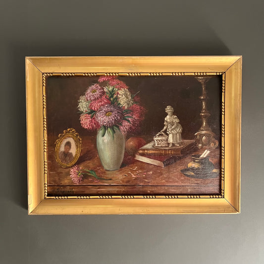 Vintage Oil Painting Still Life Asters in Vase with Keepsakes