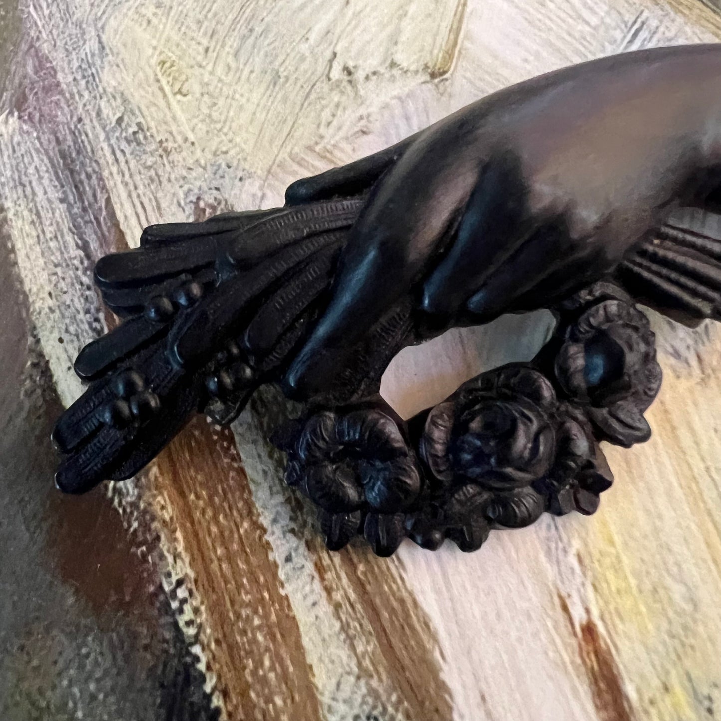 Antique Mourning Brooch Hand with Roses and Yew
