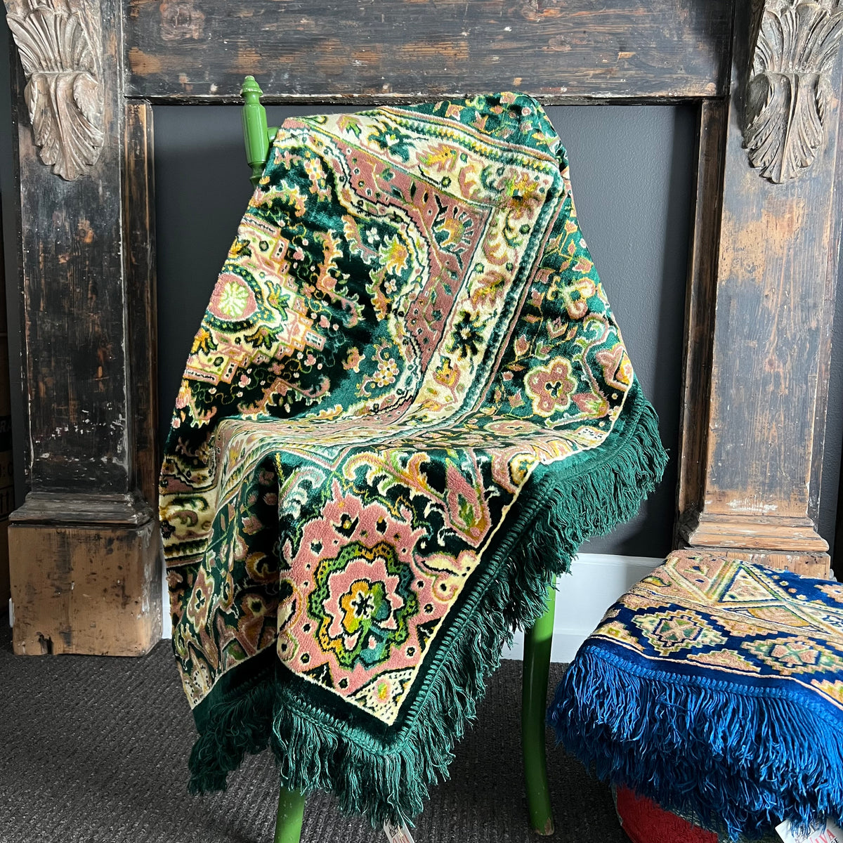 Vintage Velveteen Pattern Throw with Fringe Green
