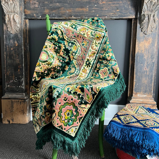 Vintage Velveteen Pattern Throw with Fringe Green