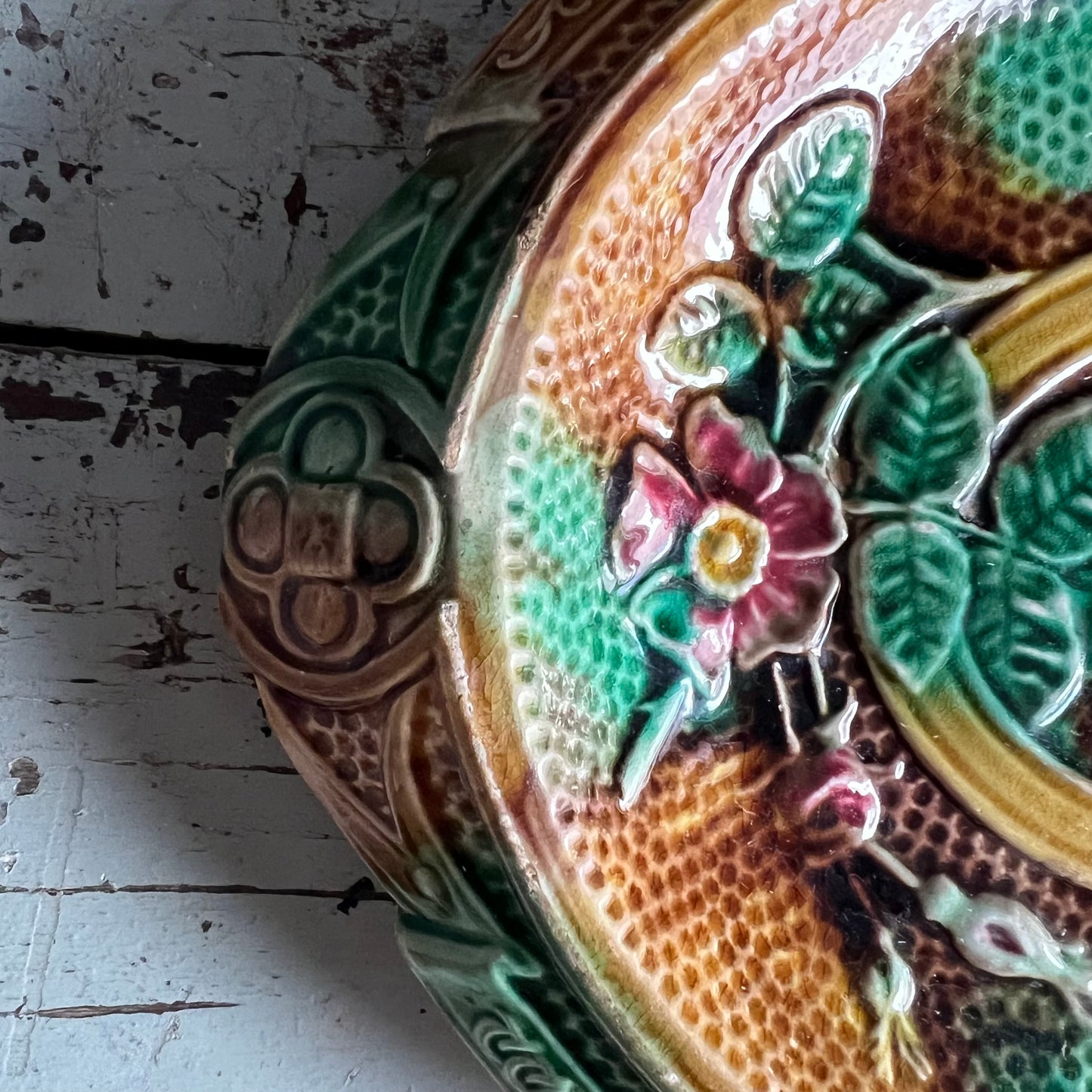 Rare Antique Majolica Bread Plate Dish Waste Not Want Not
