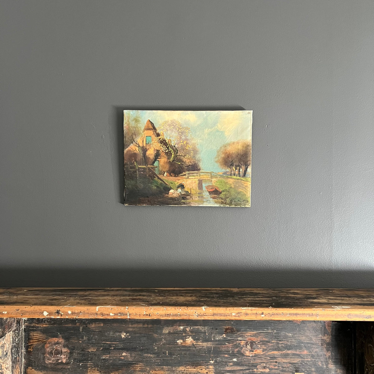 Vintage Original Oil Painting Landscape Farmhouse with Stream Dutch