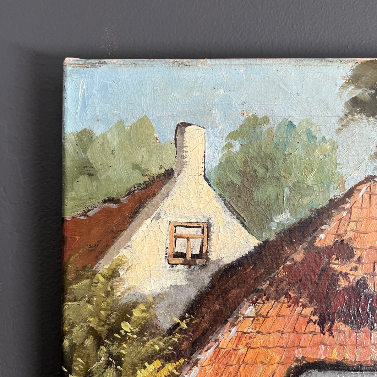 Vintage Original Oil Painting Landscape Cottage with Chickens Dutch