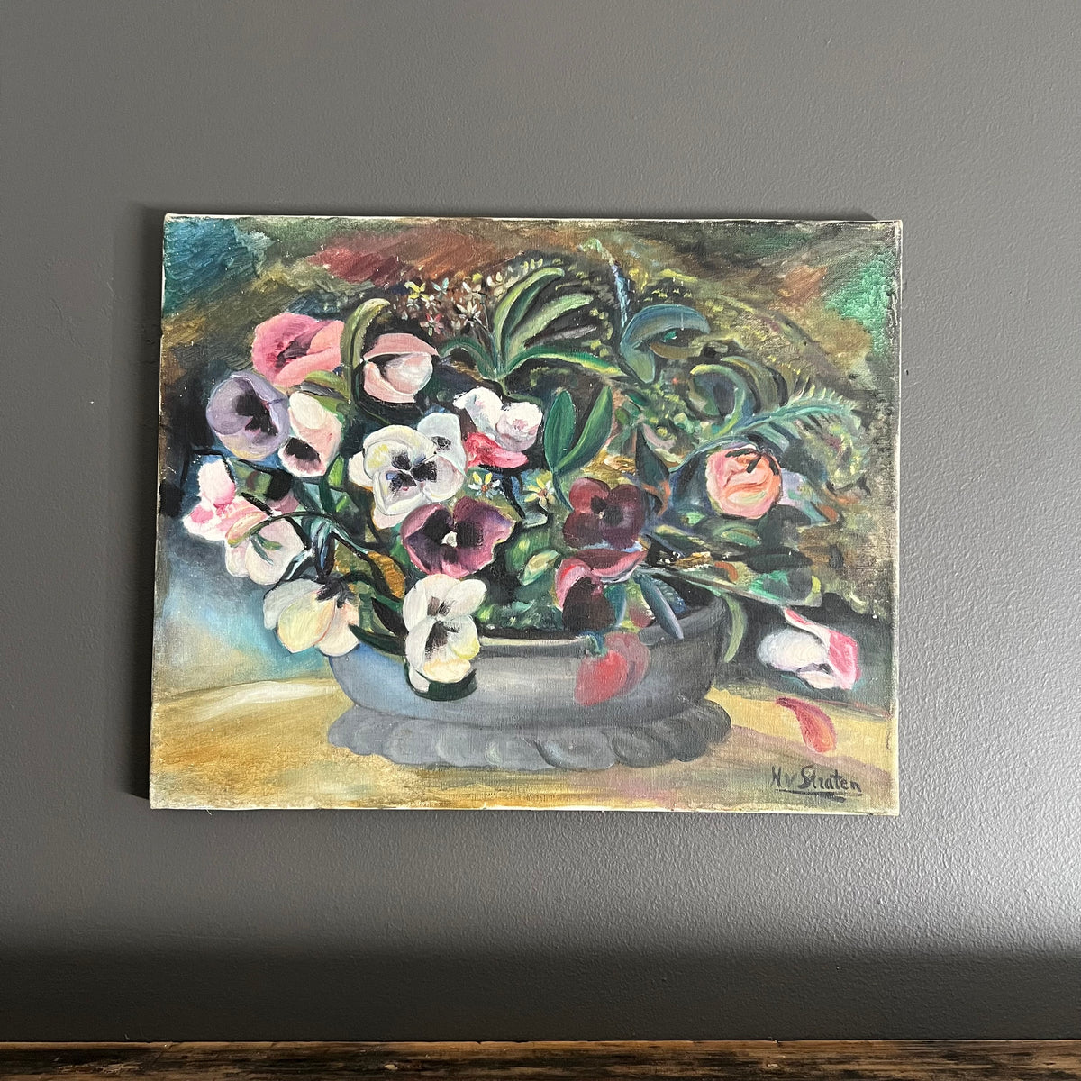 Original Vintage Painting Still Life Floral Pansy Flowers in Bowl