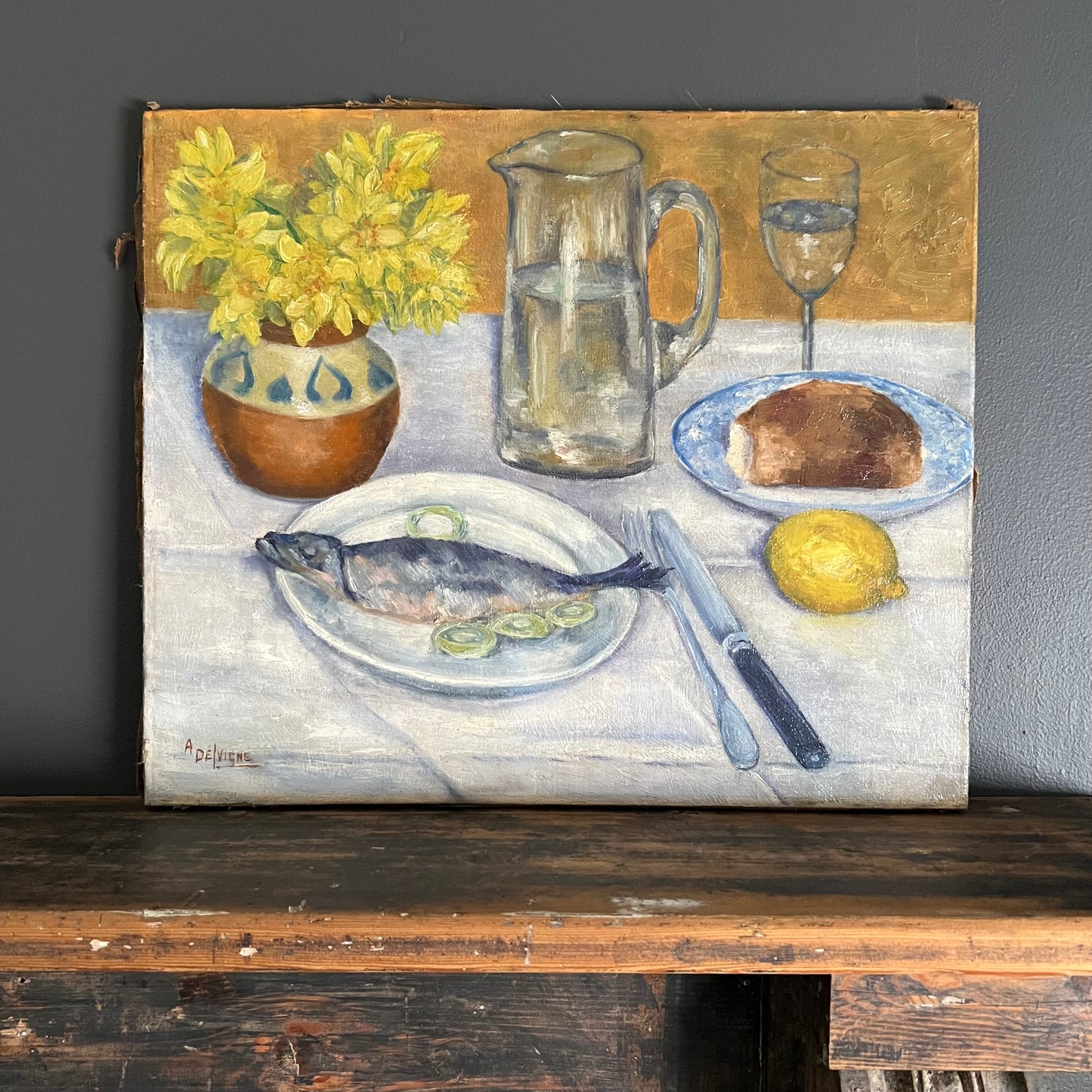 Antique Oil Painting Still Life Tabletop Scene with Fish Dinner France