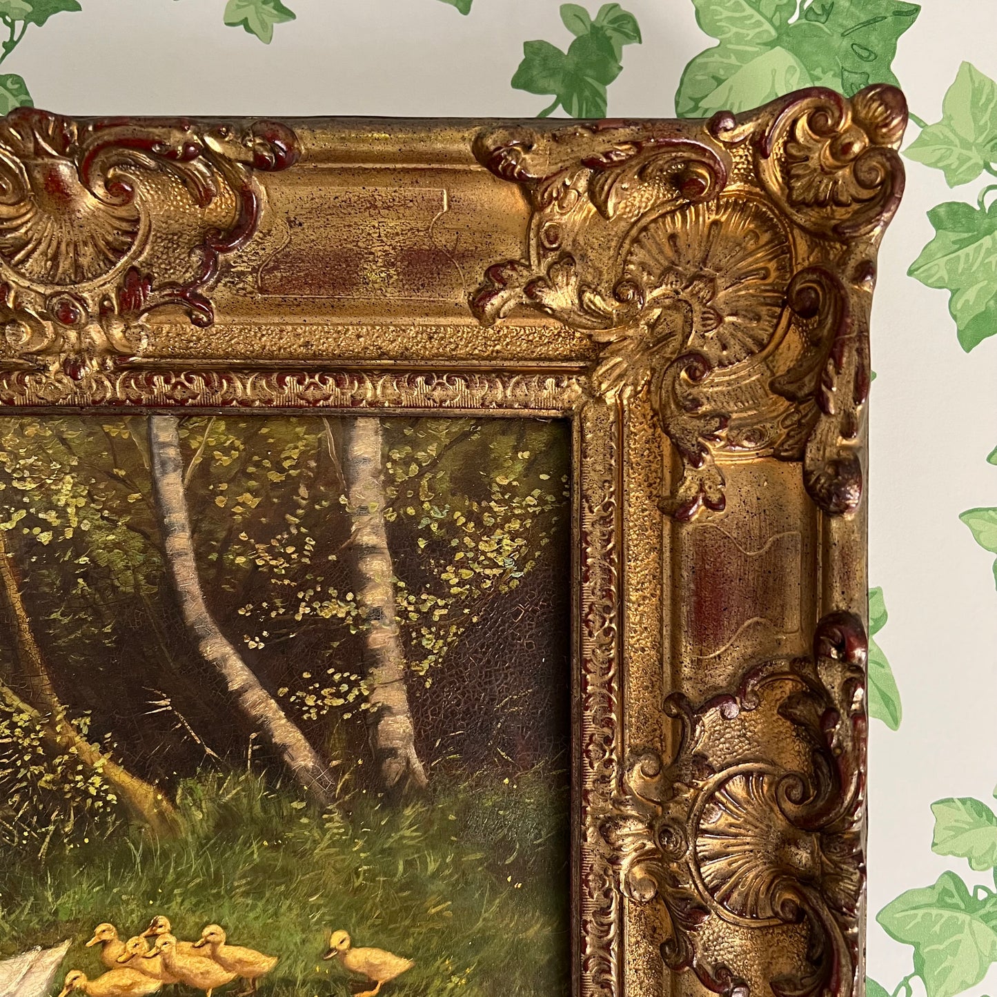 Vintage Oil Painting Landscape Duck Family by a Stream Ornate Frame