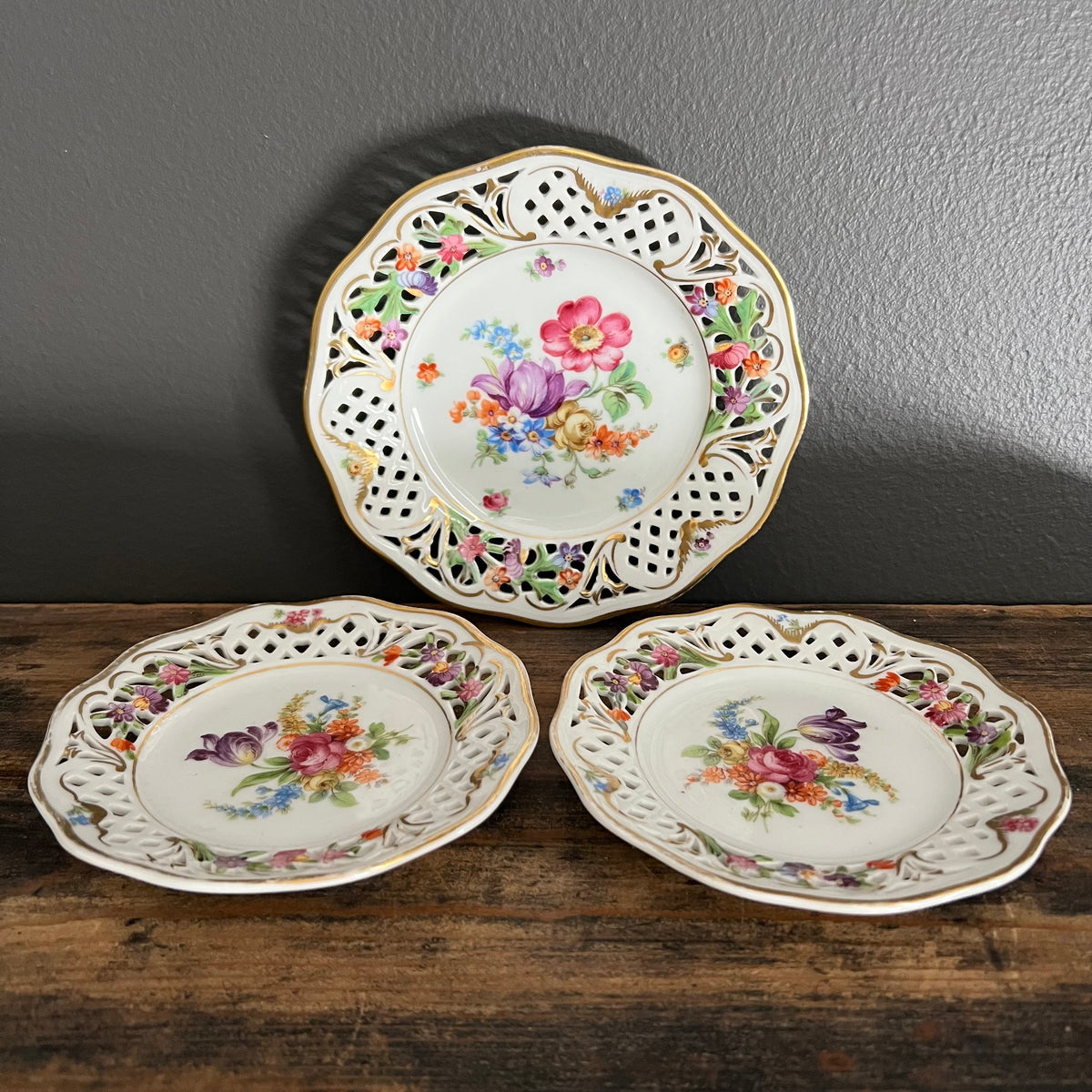 Vintage Hand Painted Porcelain Plates by Dresden Collection of 3