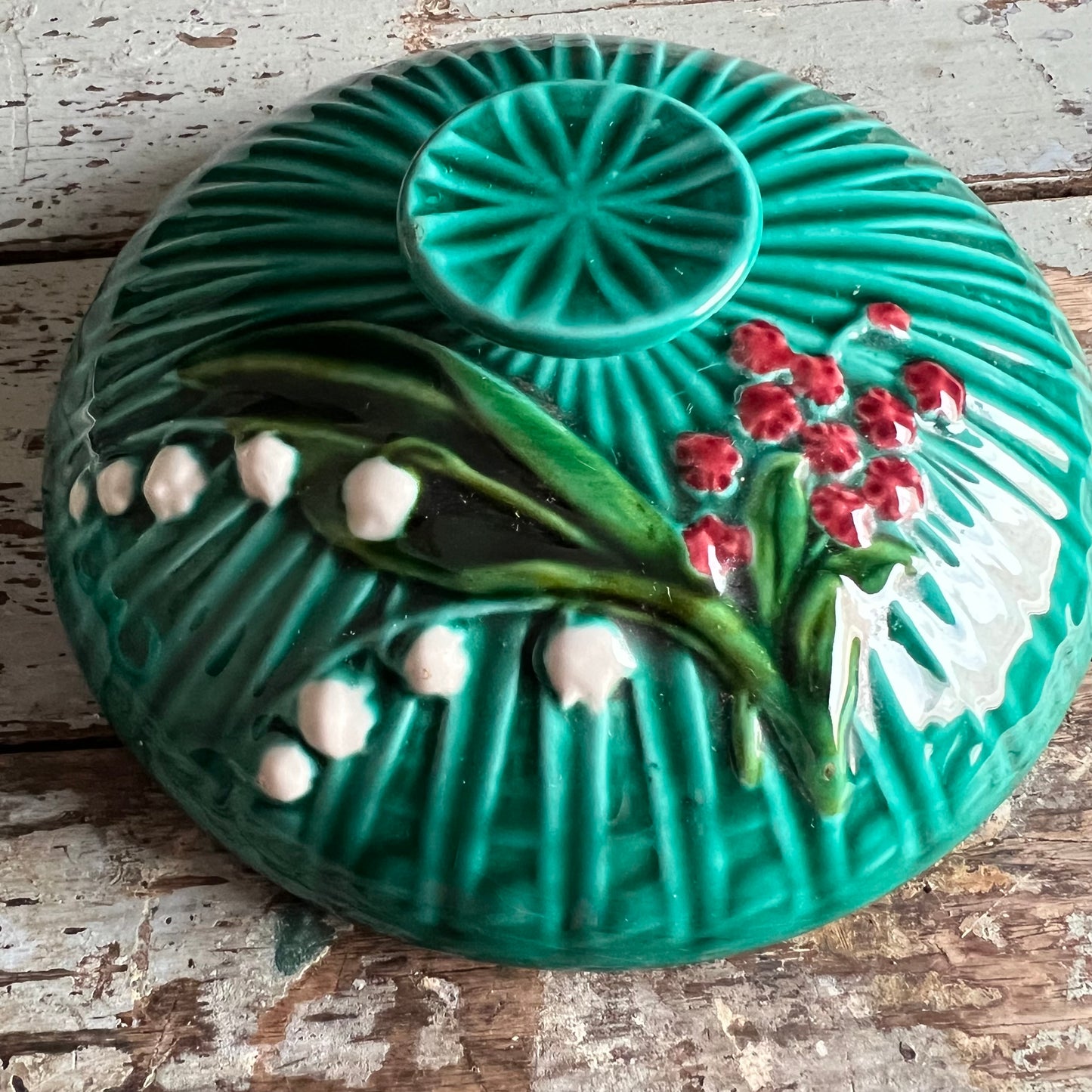 Vintage Majolica Green Covered Dish with Hand painted Lily of the Valley by Marie Louise Germany