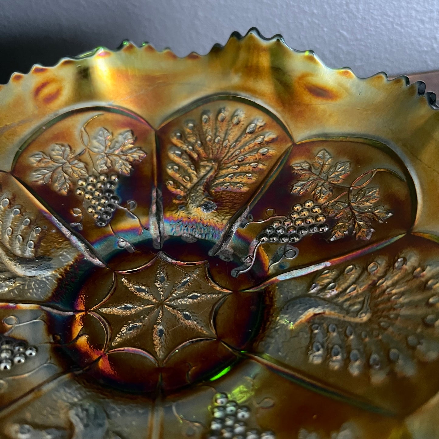 Vintage Fenton Carnival Glass Bowl Grapes & Peacocks