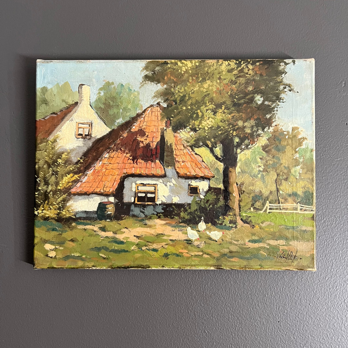 Vintage Original Oil Painting Landscape Cottage with Chickens Dutch