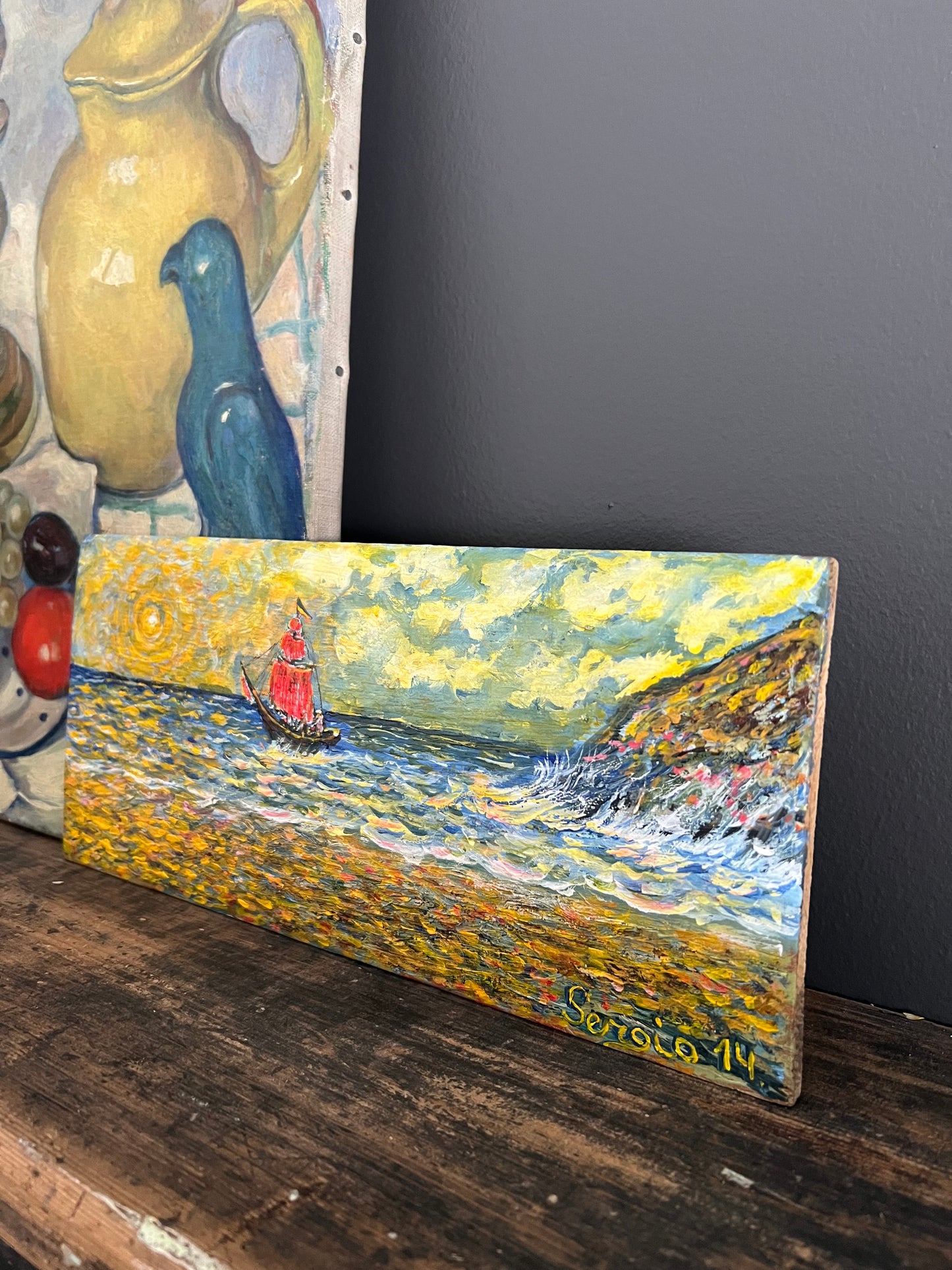 Vintage Painting Impressionist Seascape Sailboat in the Sunshine
