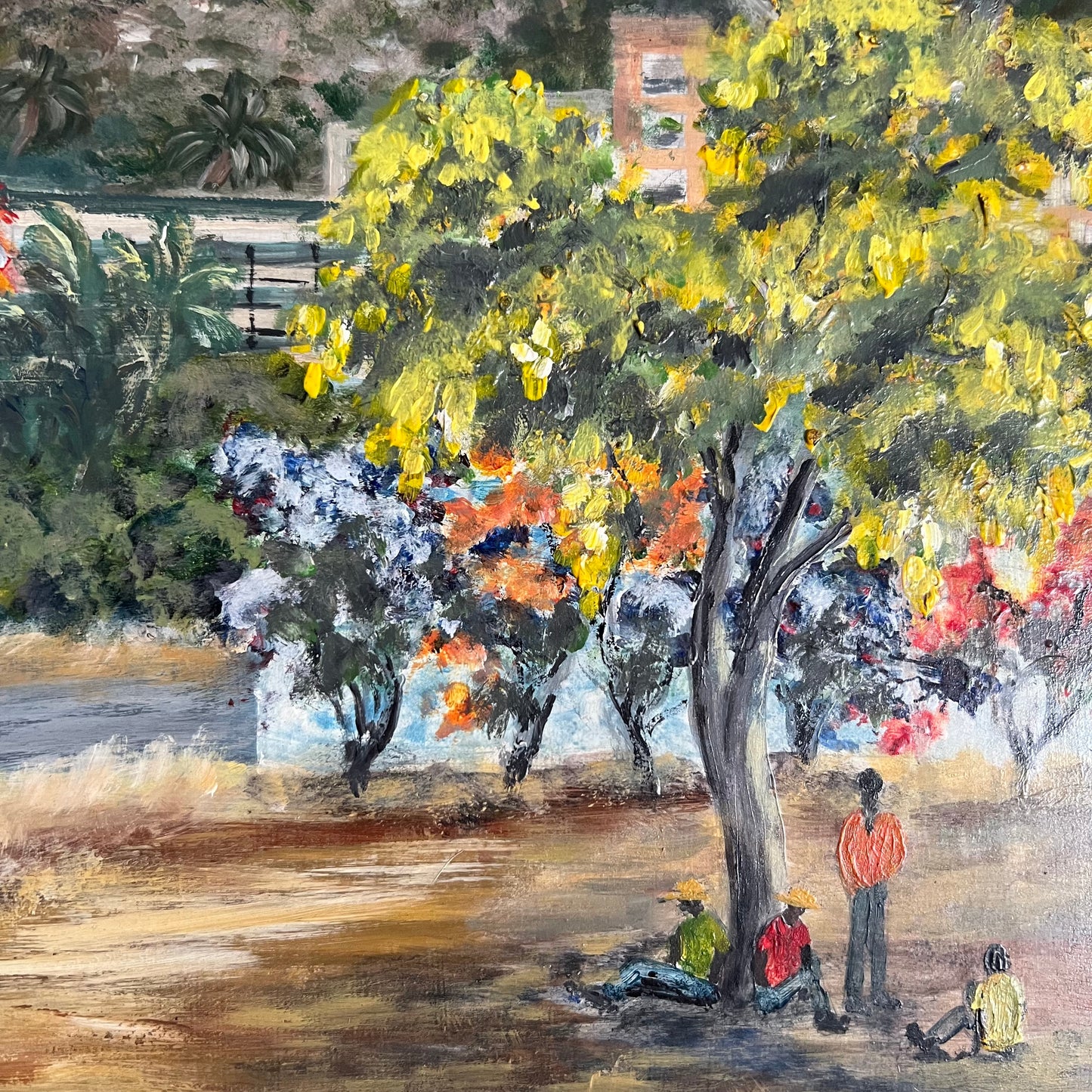 ON SALE was $95 Vintage Painting Tropical Landscape Mid Century Village and Trees