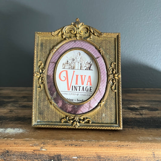 Small Antique Ornate Brass Photo Frame with Enamel