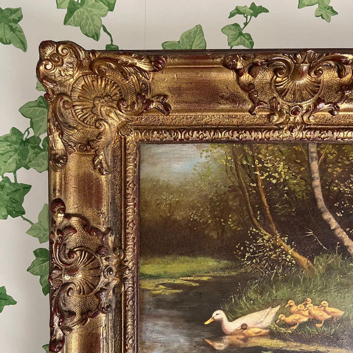 Vintage Oil Painting Landscape Duck Family by a Stream Ornate Frame