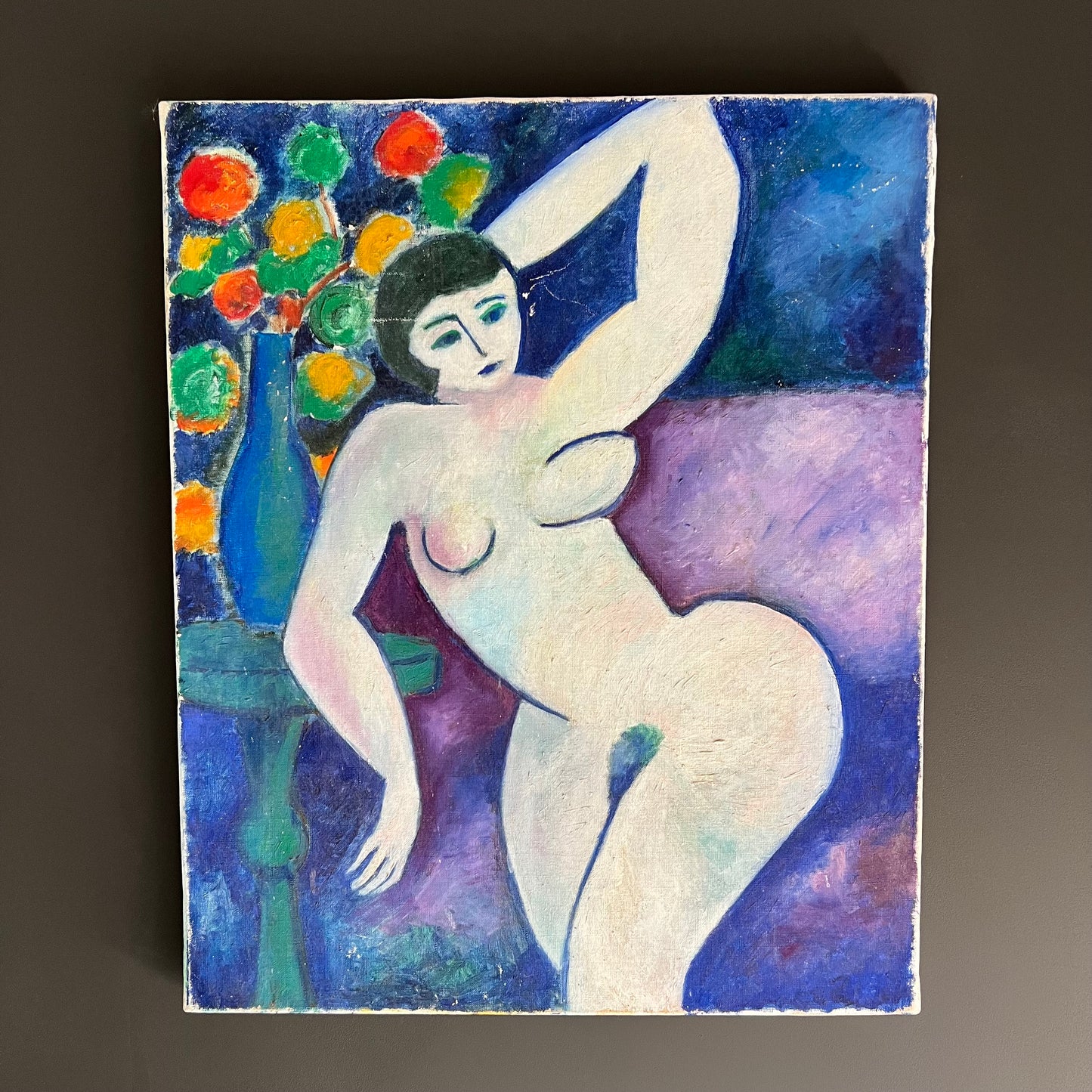 Vintage Oil Painting Mid Century Colourful Cubist Style Nude