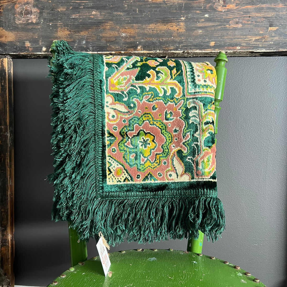 Vintage Velveteen Pattern Throw with Fringe Green