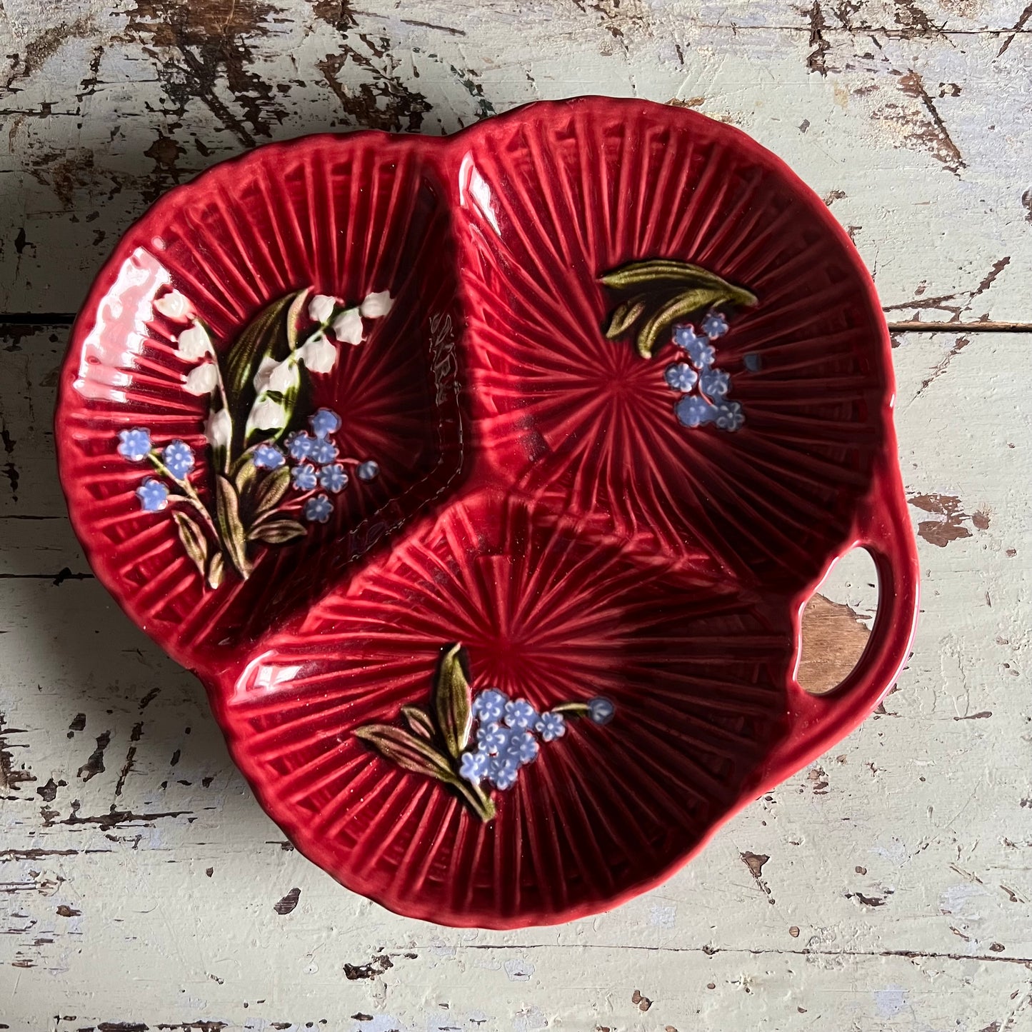 Vintage Burgundy Majolica Dish Hand Painted Lily of the Valley Germany