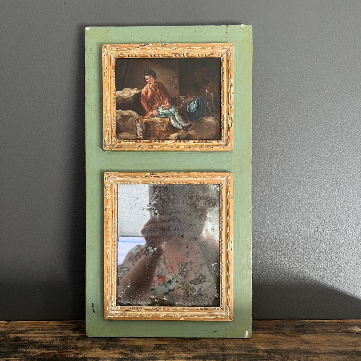 Antique French Trumeau Mirror and Painting 1800’s Boy and Dog