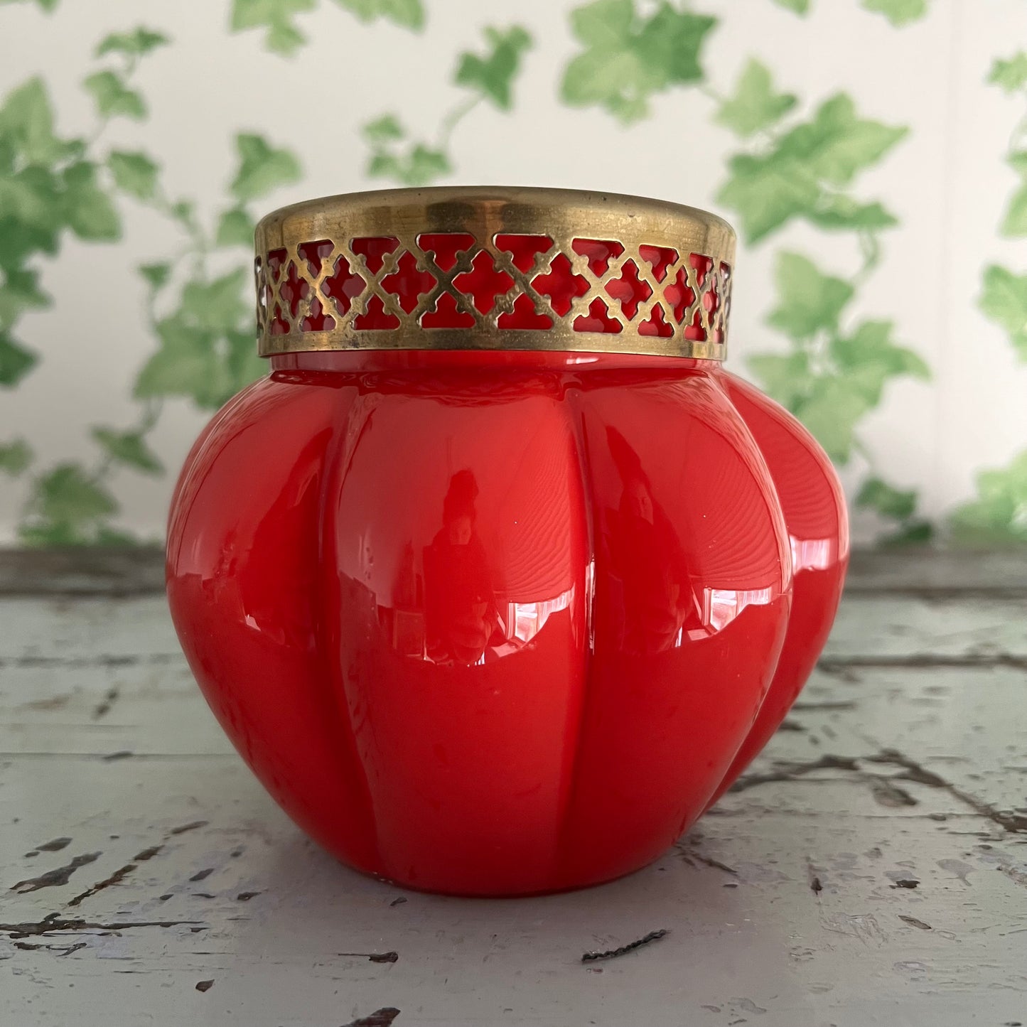 Vintage Art Deco Glass Vase with Brass Flower Stay