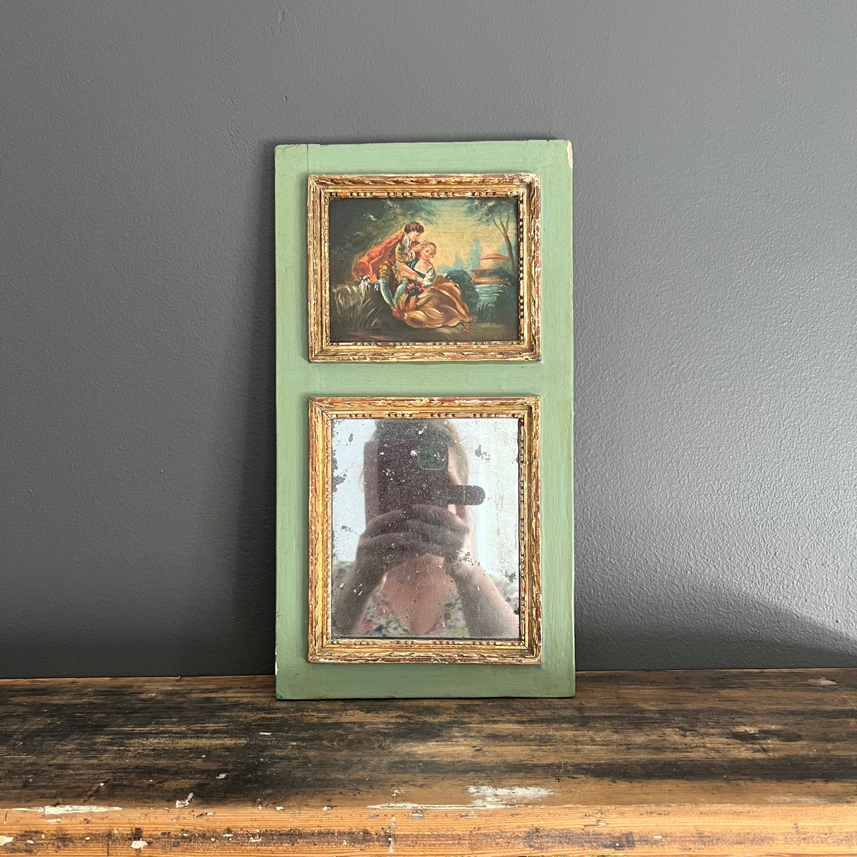 Antique French Trumeau Mirror and Painting 1800’s Courting Couple