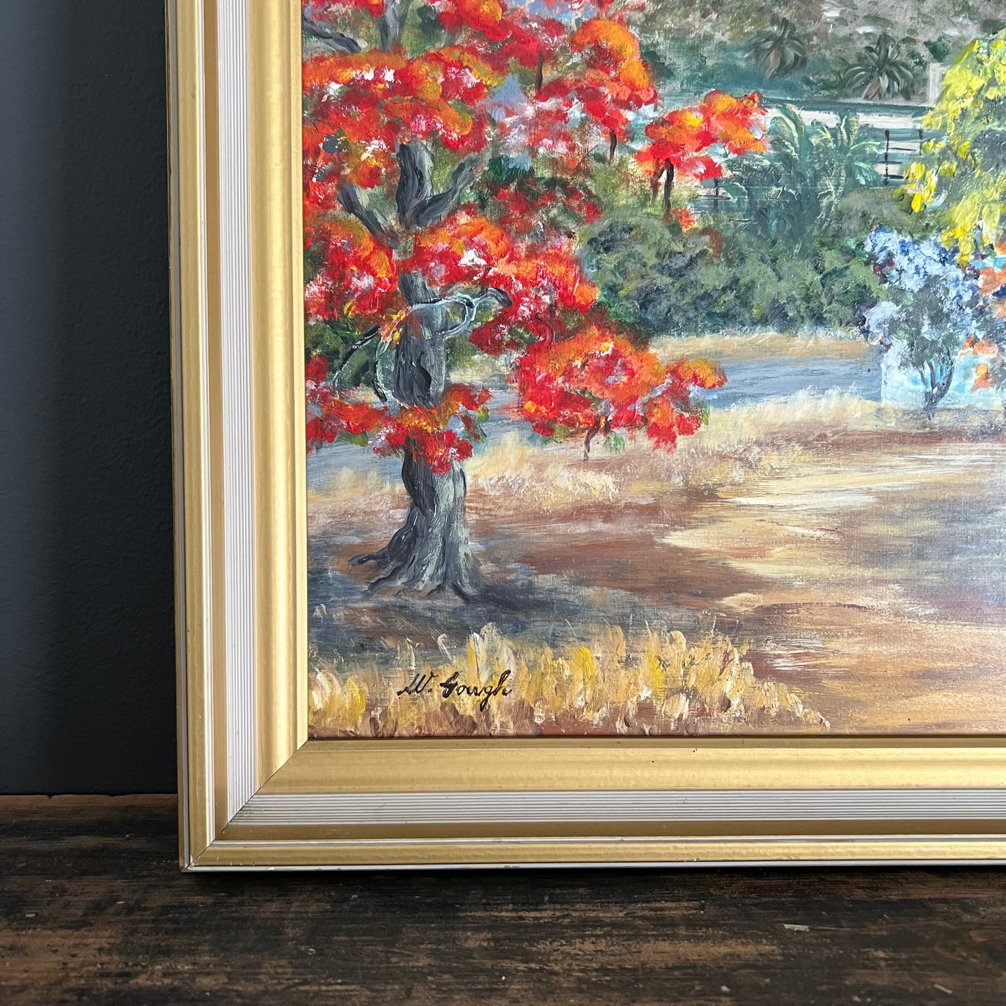 ON SALE was $95 Vintage Painting Tropical Landscape Mid Century Village and Trees