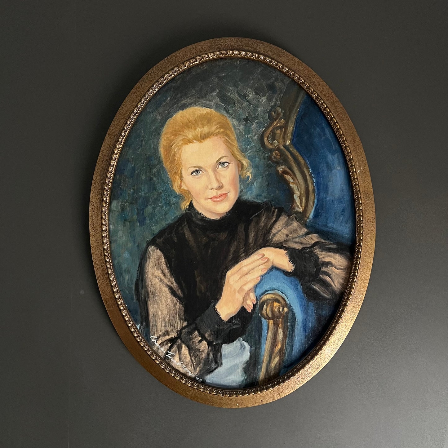 Vintage Oil Painting Portrait Retro Glam Blonde Woman 1970